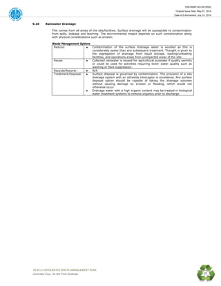HSE/WMP-HO-001(R00)
Original Issue Date: May 07, 2014
Date of Enforcement: July 14, 2014
 OGDCL’s INTEGRATED WASTE MANAGEMENT PLAN 
Controlled Copy: Do Not Print/ Duplicate 31
9.10 Rainwater Drainage
This comes from all areas of the site/facilities. Surface drainage will be susceptible to contamination
from spills, leakage and leaching. The environmental impact depends on such contamination along
with physical considerations such as erosion.
Waste Management Options
Reduce: Contamination of the surface drainage water is avoided as this is
considerably easier than any subsequent treatment. Thought is given to
the segregation of drainage from liquid storage, loading/unloading
facilities, and operations areas from unimpacted areas of the site.
Reuse: Collected rainwater is reused for agricultural purposes if quality permits
or could be used for activities requiring lower water quality such as
washing or flare suppression.
Recycle/Recover: N/A
Treatment/Disposal: Surface disposal is governed by contamination. The provision of a site
drainage system with an oil/solids interceptor is considered. Any surface
disposal option should be capable of taking the drainage volumes
without causing damage by erosion or flooding, which would not
otherwise occur.
Drainage water with a high organic content may be treated in biological
water treatment systems to remove organics prior to discharge.
 