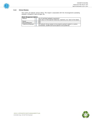 HSE/WMP-HO-001(R00)
Original Issue Date: May 07, 2014
Date of Enforcement: July 14, 2014
 OGDCL’s INTEGRATED WASTE MANAGEMENT PLAN 
Controlled Copy: Do Not Print/ Duplicate 33
9.12 Clinical Wastes
This covers all medical/ clinical refuse. The impact is associated with the microorganisms spreading
diseases, unhygienic/ used syringes, etc.
Waste Management Options
Reduce: Use of sterilized gadgets/ equipment.
Safe return of the expired medicines, injections, etc. back to the dealer.
Reuse: N/a
Recycle/Recover: N/a
Treatment/Disposal: All medical/ clinical wastes to be properly packed/ sealed in a carton.
Incineration, landfill and burial options to be preferred.
 