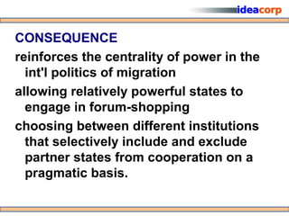 CONSEQUENCE
reinforces the centrality of power in the
  int'l politics of migration
allowing relatively powerful states to
  engage in forum-shopping
choosing between different institutions
  that selectively include and exclude
  partner states from cooperation on a
  pragmatic basis.
 