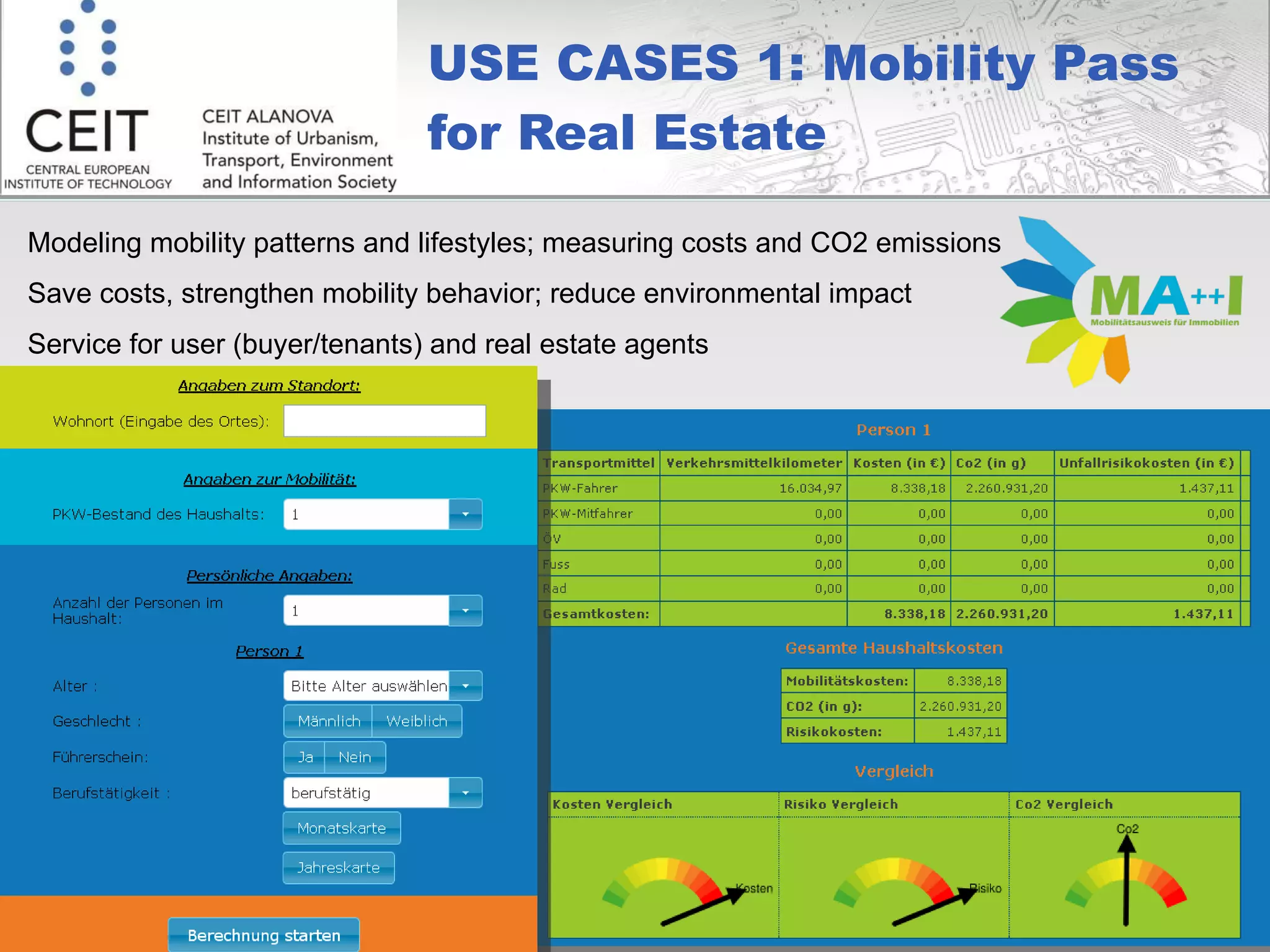 USE CASES 1: Mobility Pass for Real Estate Modeling mobility patterns and lifestyles; measuring costs and CO2 emissions Save costs, strengthen mobility behavior; reduce environmental impact Service for user (buyer/tenants) and real estate agents 