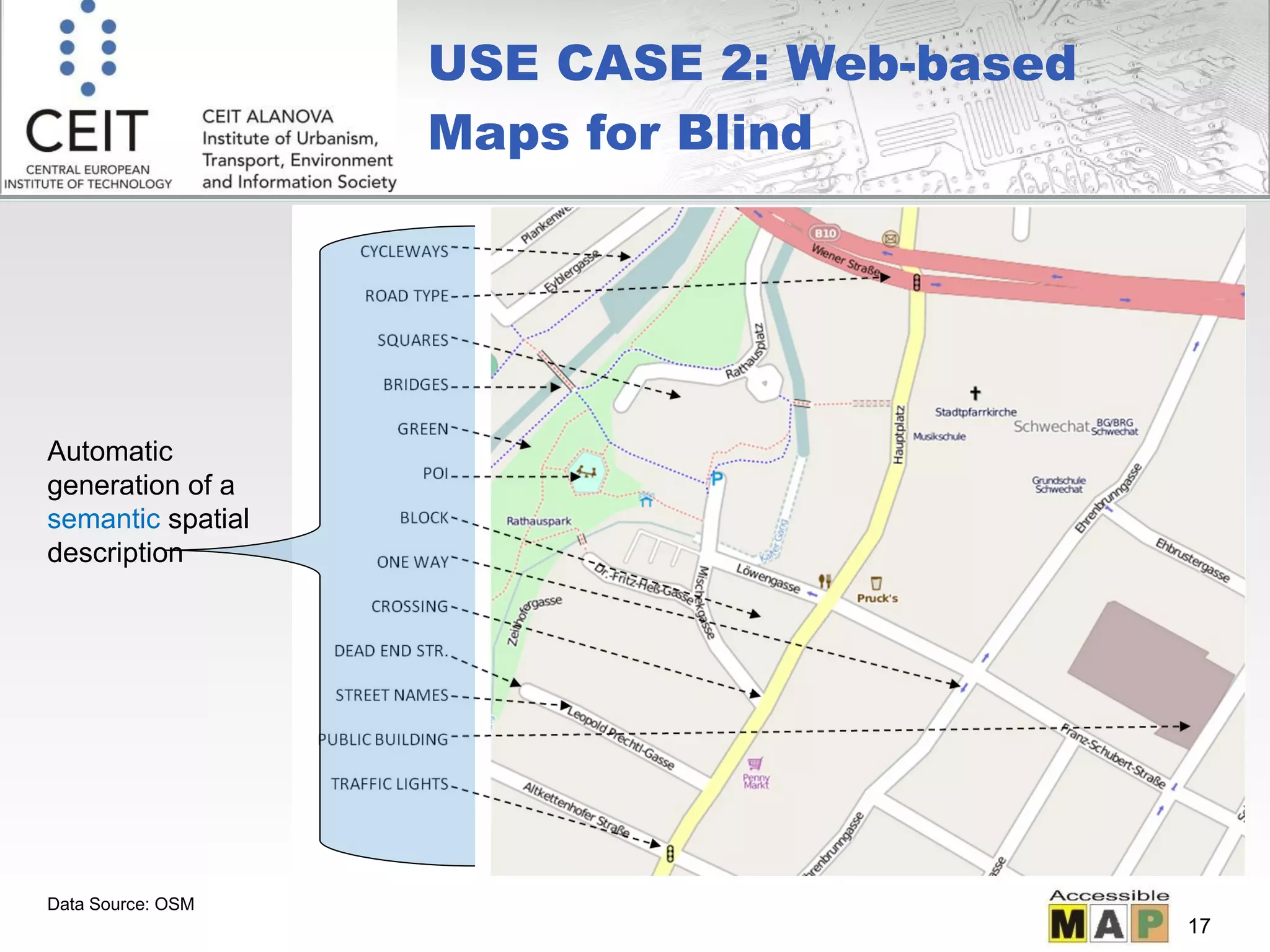 USE CASE 2: Web-based Maps for Blind Data Source: OSM Automatic generation of a  semantic  spatial description 