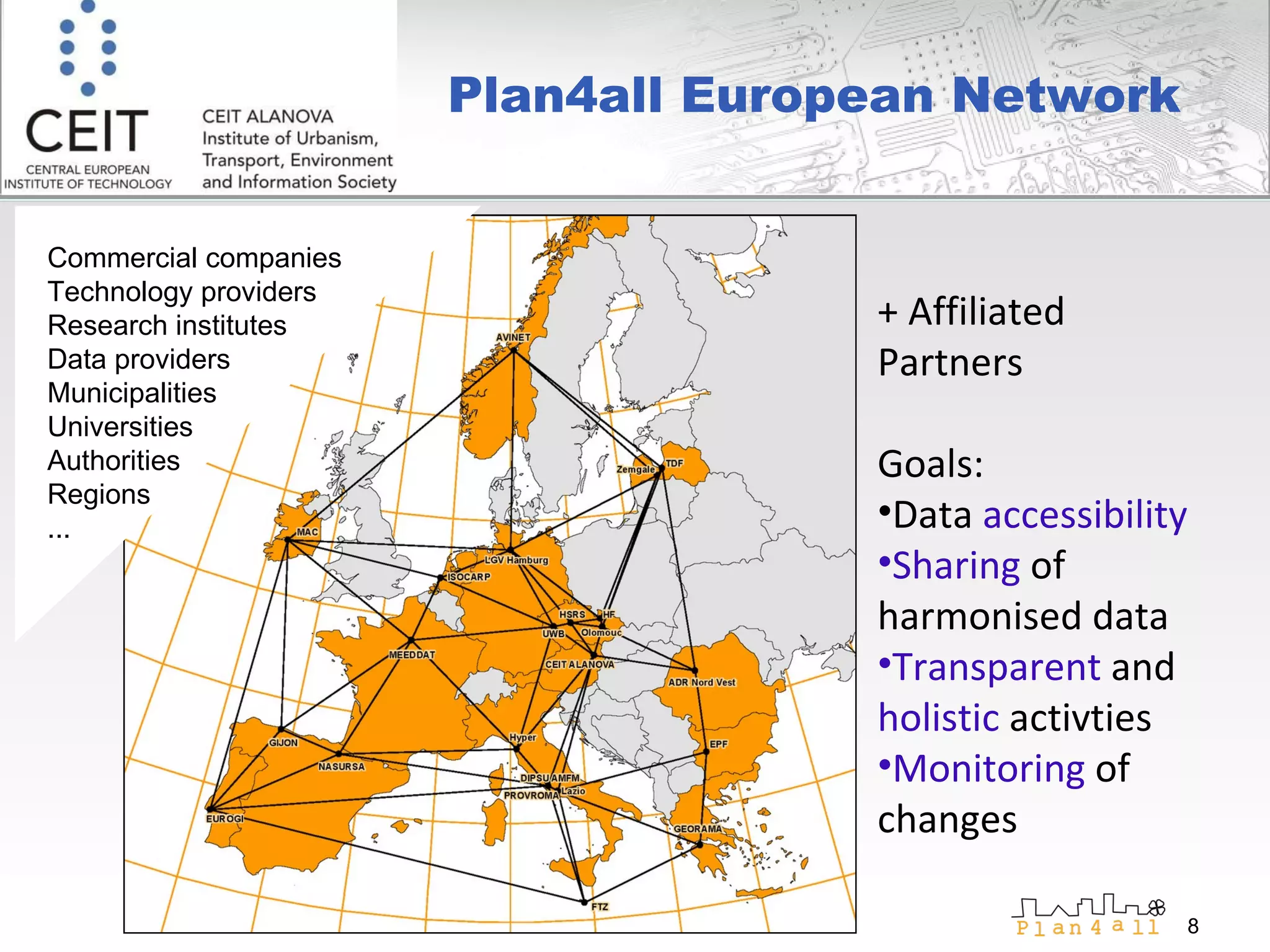 Commercial companies Technology providers Research institutes Data providers Municipalities Universities Authorities Regions ... + Affiliated  Partners Goals:  Data  accessibility   Sharing  of harmonised data Transparent  and  holistic  activties Monitoring  of changes Plan4all European Network 