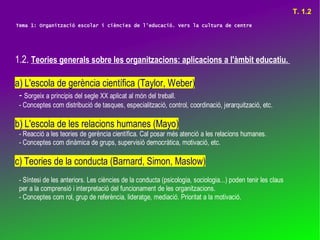 T. 1.2
Tema 1: Organització escolar i ciències de l'educació. Vers la cultura de centre




1.2. Teories generals sobre les organitzacions: aplicacions a l'àmbit educatiu.

a) L'escola de gerència científica (Taylor, Weber)
 - Sorgeix a principis del segle XX aplicat al món del treball.
 - Conceptes com distribució de tasques, especialització, control, coordinació, jerarquització, etc.

b) L'escola de les relacions humanes (Mayo)
 - Reacció a les teories de gerència científica. Cal posar més atenció a les relacions humanes.
 - Conceptes com dinàmica de grups, supervisió democràtica, motivació, etc.

c) Teories de la conducta (Barnard, Simon, Maslow)
 - Síntesi de les anteriors. Les ciències de la conducta (psicologia, sociologia...) poden tenir les claus
 per a la comprensió i interpretació del funcionament de les organitzacions.
 - Conceptes com rol, grup de referència, lideratge, mediació. Prioritat a la motivació.
 