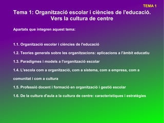 TEMA 1
Tema 1: Organització escolar i ciències de l'educació.
             Vers la cultura de centre
Apartats que integren aquest tema:



1.1. Organització escolar i ciències de l'educació

1.2. Teories generals sobre les organitzacions: aplicacions a l'àmbit educatiu

1.3. Paradigmes i models a l'organització escolar

1.4. L'escola com a organització, com a sistema, com a empresa, com a

comunitat i com a cultura

1.5. Professió docent i formació en organització i gestió escolar

1.6. De la cultura d'aula a la cultura de centre: característiques i estratègies
 