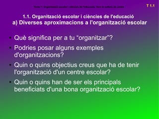Tema 1: Organització escolar i ciències de l'educació. Vers la cultura de centre   T 1.1


       1.1. Organització escolar i ciències de l'educació
    a) Diverses aproximacions a l'organització escolar

●   Què significa per a tu “organitzar”?
●   Podries posar alguns exemples
    d'organitzacions?
●   Quin o quins objectius creus que ha de tenir
    l'organització d'un centre escolar?
●   Quin o quins han de ser els principals
    beneficiats d'una bona organització escolar?
 