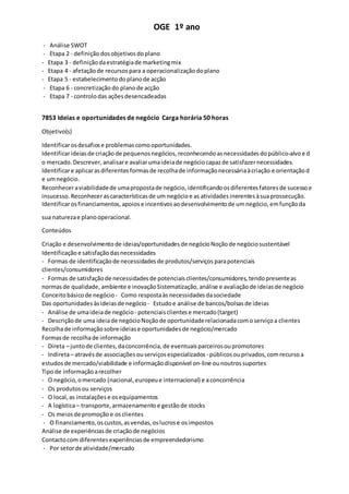 OGE 1º ano
- Análise SWOT
- Etapa 2 - definição dosobjetivos doplano
- Etapa 3 - definição daestratégiade marketingmix
- Etapa 4 - afetaçãode recursos para a operacionalização doplano
- Etapa 5 - estabelecimentodoplanode acção
- Etapa 6 - concretização do planode acção
- Etapa 7 - controlodas açõesdesencadeadas
7853 Ideias e oportunidades de negócio Carga horária 50 horas
Objetivo(s)
Identificarosdesafiose problemascomooportunidades.
Identificarideiasde criaçãode pequenos negócios, reconhecendo asnecessidades dopúblico-alvo e d
o mercado.Descrever, analisare avaliarumaideiade negóciocapazde satisfazernecessidades.
Identificare aplicarasdiferentes formasde recolhade informaçãonecessáriaàcriação e orientação d
e umnegócio.
Reconheceraviabilidadede umapropostade negócio, identificando osdiferentes fatores de sucessoe
insucesso.Reconhecerascaracterísticas de um negócioe as atividades inerentes àsuaprossecução.
Identificarosfinanciamentos, apoiose incentivos aodesenvolvimento de umnegócio, emfunçãoda
sua naturezae planooperacional.
Conteúdos
Criação e desenvolvimento de ideias/oportunidades de negócioNoção de negóciosustentável
Identificação e satisfaçãodasnecessidades
- Formas de identificação de necessidades de produtos/serviços parapotenciais
clientes/consumidores
- Formas de satisfaçãode necessidades de potenciais clientes/consumidores, tendopresenteas
normasde qualidade, ambiente e inovaçãoSistematização, análise e avaliaçãode ideias de negócio
Conceitobásicode negócio- Como respostaàsnecessidades dasociedade
Das oportunidades àsideiasde negócio- Estudoe análise de bancos/bolsas de ideias
- Análise de umaideiade negócio- potenciais clientese mercado(target)
- Descriçãode uma ideiade negócioNoção de oportunidaderelacionadacomoserviçoa clientes
Recolhade informação sobre ideias e oportunidades de negócio/mercado
Formasde recolhade informação
- Direta – juntode clientes, daconcorrência, de eventuais parceiros oupromotores
- Indireta– atravésde associações ouserviçosespecializados - públicos ouprivados, comrecursoa
estudos de mercado/viabilidade e informaçãodisponível on-line ounoutros suportes
Tipode informação arecolher
- O negócio, omercado (nacional, europeu e internacional) e aconcorrência
- Os produtos ou serviços
- O local, as instalações e osequipamentos
- A logística– transporte, armazenamento e gestãode stocks
- Os meiosde promoçãoe osclientes
- O financiamento,oscustos,asvendas,oslucrose osimpostos
Análise de experiências de criaçãode negócios
Contactocom diferentes experiências de empreendedorismo
- Por setorde atividade/mercado
 