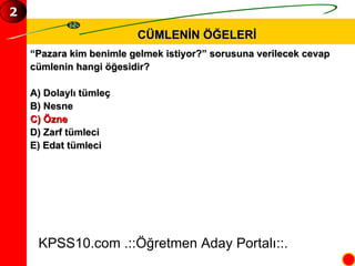 CÜMLENİN ÖĞELERİ KPSS10.com .::Öğretmen Aday Portalı::. 2 “ Pazara kim benimle gelmek istiyor?” sorusuna verilecek cevap  cümlenin hangi öğesidir? A) Dolaylı tümleç B) Nesne  C) Özne D) Zarf tümleci E) Edat tümleci 