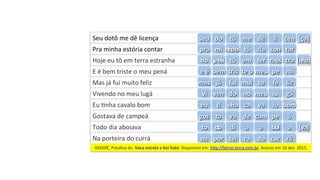 Seu	dotô	me	dê	licença	
Pra	minha	estória	contar	
Hoje	eu	tô	em	terra	estranha	
E	é	bem	triste	o	meu	pená	
Mas	já	fui	muito	feliz	
Vivendo	no	meu	lugá	
Eu	Jnha	cavalo	bom	
Gostava	de	campeá	
Todo	dia	aboiava	
Na	porteira	do	currá	
ASSARÉ,	PataJva	do.	Vaca	estrela	e	boi	fubá.	Disponível	em:	hjp://letras.terra.com.br.	Acesso	em	10	dez.	2015.	
seu	 do	 tô	 me	 dê	 li	 cen	 [ça]	
pra	 mi	 nha	es	 tó	 ria	 con	 tar	
ho	 je	eu	 tô	 em	 ter	 ra	es	 tra	 [nha]	
e	é	 bem	 tris	 te	o	meu	 pe	 ná	
mas	 já	 fui	 mui	 to	 fe	 liz	
vi	 ven	 do	 no	 meu	 lu	 gá	
eu	 H	 nha	 ca	 va	 lo	 bom	
gos	 ta	 va	 de	 cam	 pe	 á	
to	 do	 di	 a	 a	 boi	 a	 [va]	
na	 por	 tei	 ra	 do	 cur	 rá	
 