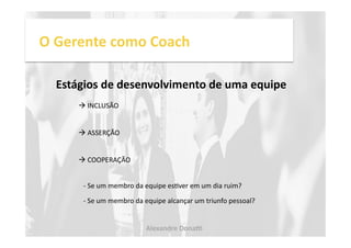 O 
Gerente 
como 
Coach 
Estágios 
de 
desenvolvimento 
de 
uma 
equipe 
! 
INCLUSÃO 
! 
ASSERÇÃO 
! 
COOPERAÇÃO 
-­‐ 
Se 
um 
membro 
da 
equipe 
esNver 
em 
um 
dia 
ruim? 
-­‐ 
Se 
um 
membro 
da 
equipe 
alcançar 
um 
triunfo 
pessoal? 
Alexandre 
Dona, 
 