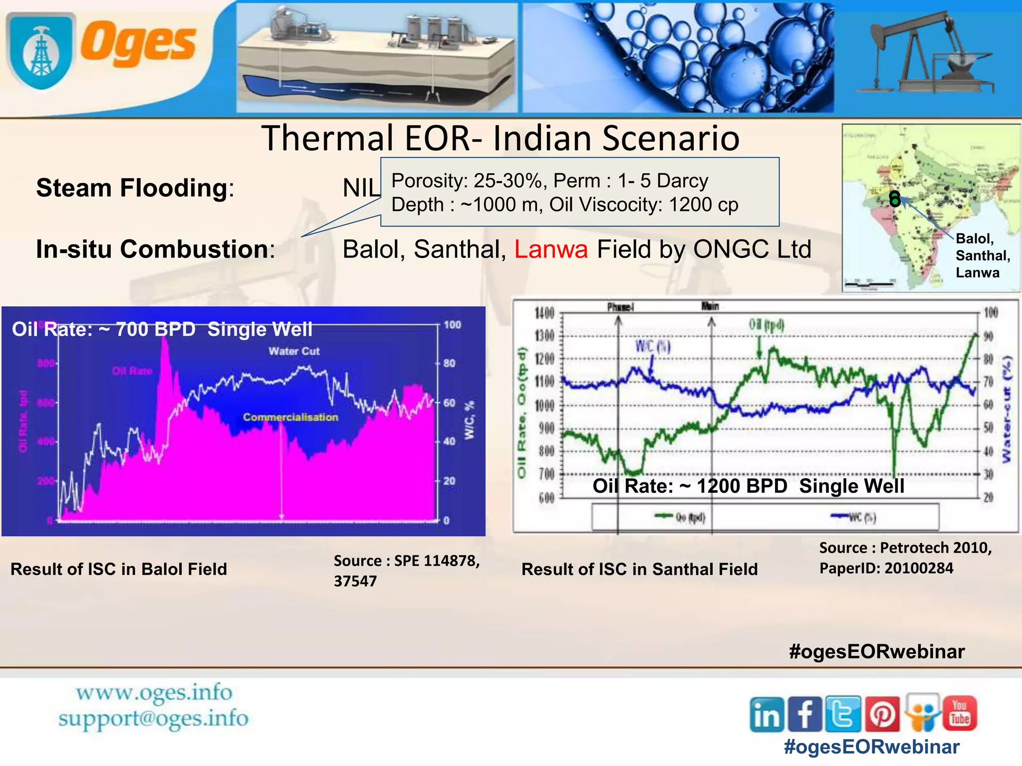 Screening Criterion for Thermal EOR
Steam Flood In-Situ Combustion
Oil Properties Crude Oil Gravity (oAPI) 8 25 10 27
Viscosity (cp) >100,000 < 5,000
Composition Not Critical But Light End
of Steam Distillation Helps
Some Asphaltin
Component to Aid Coke
Formation
Formation Properties Oil Saturation > 40 66 > 50 72
Lithology Siliciclastic Reservoir with
High Porosity and
Permeability
Siliciclastic Reservoir with
High Porosity
Net Thickness, (ft) > 20 > 10
Average K, (md) > 200 > 50
Transmissibility, (md-ft/cp) > 50 > 20
Depth, (ft) < 5,000 < 5,000
Temperature (oF) Not Critical Not Critical
#ogesEORwebinar
 