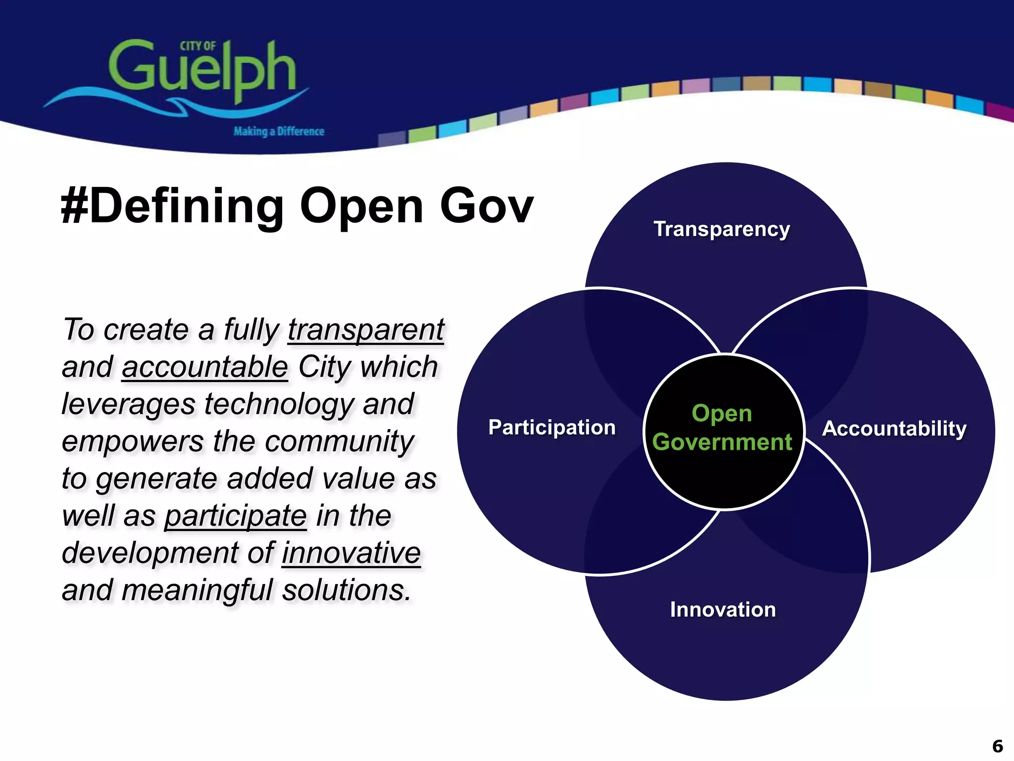 #Defining Open Gov                              Transparency



To create a fully transparent
and accountable City which
leverages technology and                           Open
                                Participation                  Accountability
empowers the community                          Government
to generate added value as
well as participate in the
development of innovative
and meaningful solutions.
                                                 Innovation




                                                                                6
 