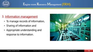 Eng. Yasser Bayoumy 11Maritime Transportation College – Engineering DepartmentMonday, October 19, 2020
3. Information management
• To manage records of information,
• Sharing of information and
• Appropriate understanding and
response to information.
Engine room Resource Management (ERM)
 