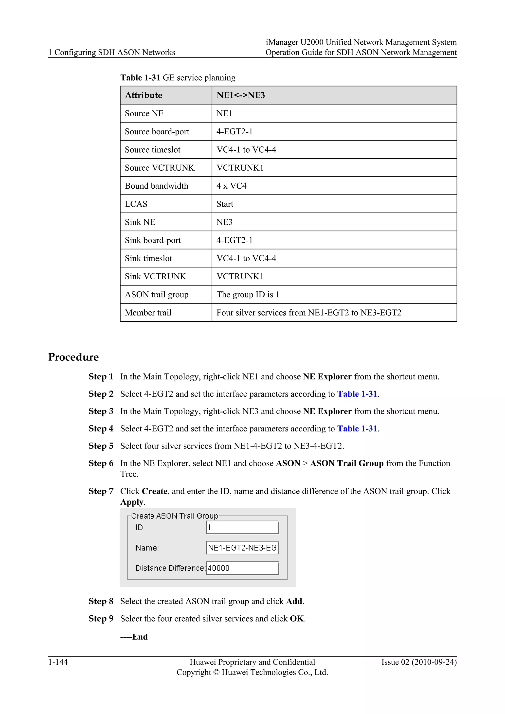 Table 1-31 GE service planning
Attribute NE1<->NE3
Source NE NE1
Source board-port 4-EGT2-1
Source timeslot VC4-1 to VC4-4
Source VCTRUNK VCTRUNK1
Bound bandwidth 4 x VC4
LCAS Start
Sink NE NE3
Sink board-port 4-EGT2-1
Sink timeslot VC4-1 to VC4-4
Sink VCTRUNK VCTRUNK1
ASON trail group The group ID is 1
Member trail Four silver services from NE1-EGT2 to NE3-EGT2
Procedure
Step 1 In the Main Topology, right-click NE1 and choose NE Explorer from the shortcut menu.
Step 2 Select 4-EGT2 and set the interface parameters according to Table 1-31.
Step 3 In the Main Topology, right-click NE3 and choose NE Explorer from the shortcut menu.
Step 4 Select 4-EGT2 and set the interface parameters according to Table 1-31.
Step 5 Select four silver services from NE1-4-EGT2 to NE3-4-EGT2.
Step 6 In the NE Explorer, select NE1 and choose ASON > ASON Trail Group from the Function
Tree.
Step 7 Click Create, and enter the ID, name and distance difference of the ASON trail group. Click
Apply.
Step 8 Select the created ASON trail group and click Add.
Step 9 Select the four created silver services and click OK.
----End
1 Configuring SDH ASON Networks
iManager U2000 Unified Network Management System
Operation Guide for SDH ASON Network Management
1-144 Huawei Proprietary and Confidential
Copyright © Huawei Technologies Co., Ltd.
Issue 02 (2010-09-24)
 