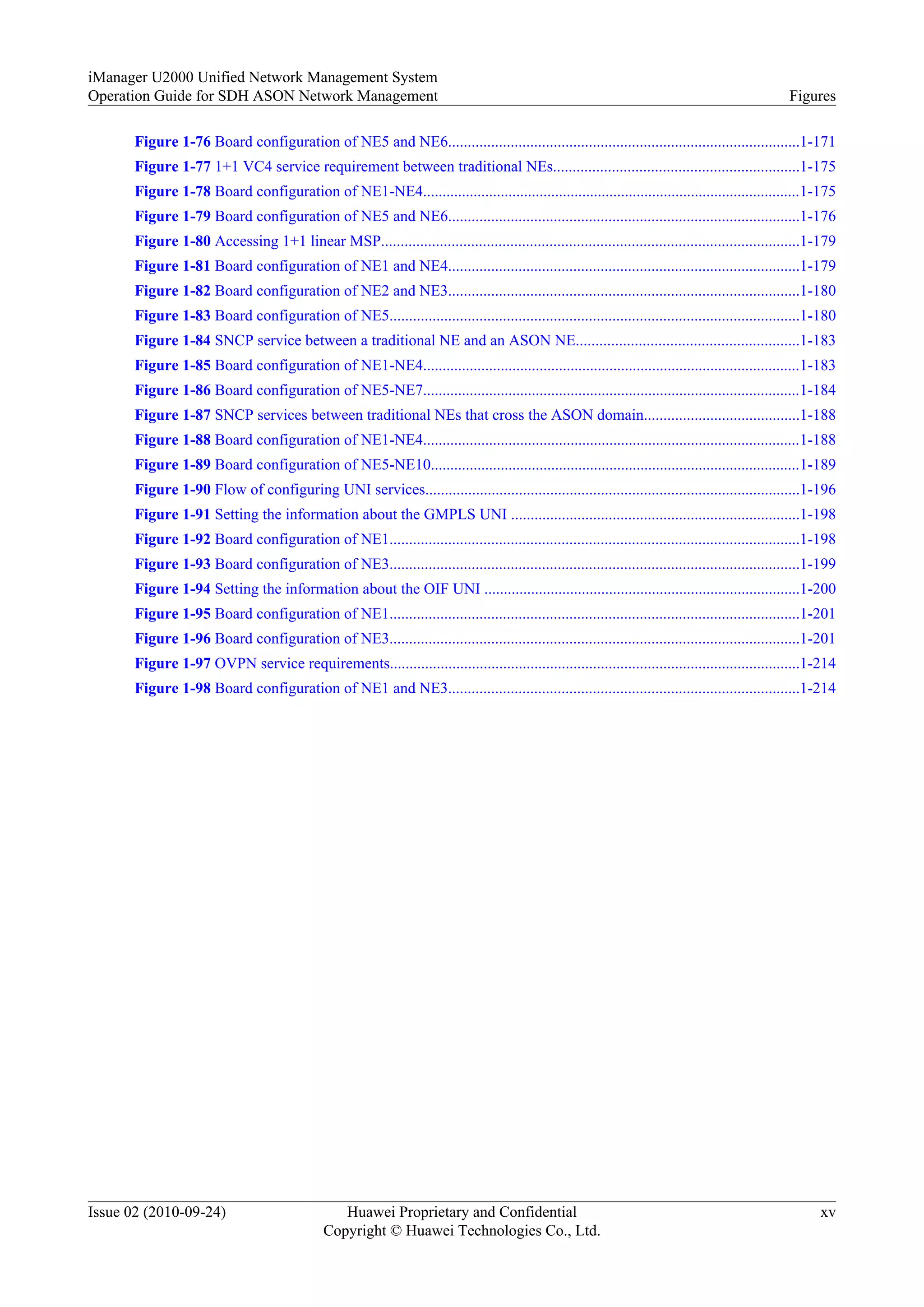 Figure 1-76 Board configuration of NE5 and NE6..........................................................................................1-171
Figure 1-77 1+1 VC4 service requirement between traditional NEs...............................................................1-175
Figure 1-78 Board configuration of NE1-NE4.................................................................................................1-175
Figure 1-79 Board configuration of NE5 and NE6..........................................................................................1-176
Figure 1-80 Accessing 1+1 linear MSP...........................................................................................................1-179
Figure 1-81 Board configuration of NE1 and NE4..........................................................................................1-179
Figure 1-82 Board configuration of NE2 and NE3..........................................................................................1-180
Figure 1-83 Board configuration of NE5.........................................................................................................1-180
Figure 1-84 SNCP service between a traditional NE and an ASON NE.........................................................1-183
Figure 1-85 Board configuration of NE1-NE4.................................................................................................1-183
Figure 1-86 Board configuration of NE5-NE7.................................................................................................1-184
Figure 1-87 SNCP services between traditional NEs that cross the ASON domain........................................1-188
Figure 1-88 Board configuration of NE1-NE4.................................................................................................1-188
Figure 1-89 Board configuration of NE5-NE10...............................................................................................1-189
Figure 1-90 Flow of configuring UNI services................................................................................................1-196
Figure 1-91 Setting the information about the GMPLS UNI ..........................................................................1-198
Figure 1-92 Board configuration of NE1.........................................................................................................1-198
Figure 1-93 Board configuration of NE3.........................................................................................................1-199
Figure 1-94 Setting the information about the OIF UNI .................................................................................1-200
Figure 1-95 Board configuration of NE1.........................................................................................................1-201
Figure 1-96 Board configuration of NE3.........................................................................................................1-201
Figure 1-97 OVPN service requirements.........................................................................................................1-214
Figure 1-98 Board configuration of NE1 and NE3..........................................................................................1-214
iManager U2000 Unified Network Management System
Operation Guide for SDH ASON Network Management Figures
Issue 02 (2010-09-24) Huawei Proprietary and Confidential
Copyright © Huawei Technologies Co., Ltd.
xv
 
