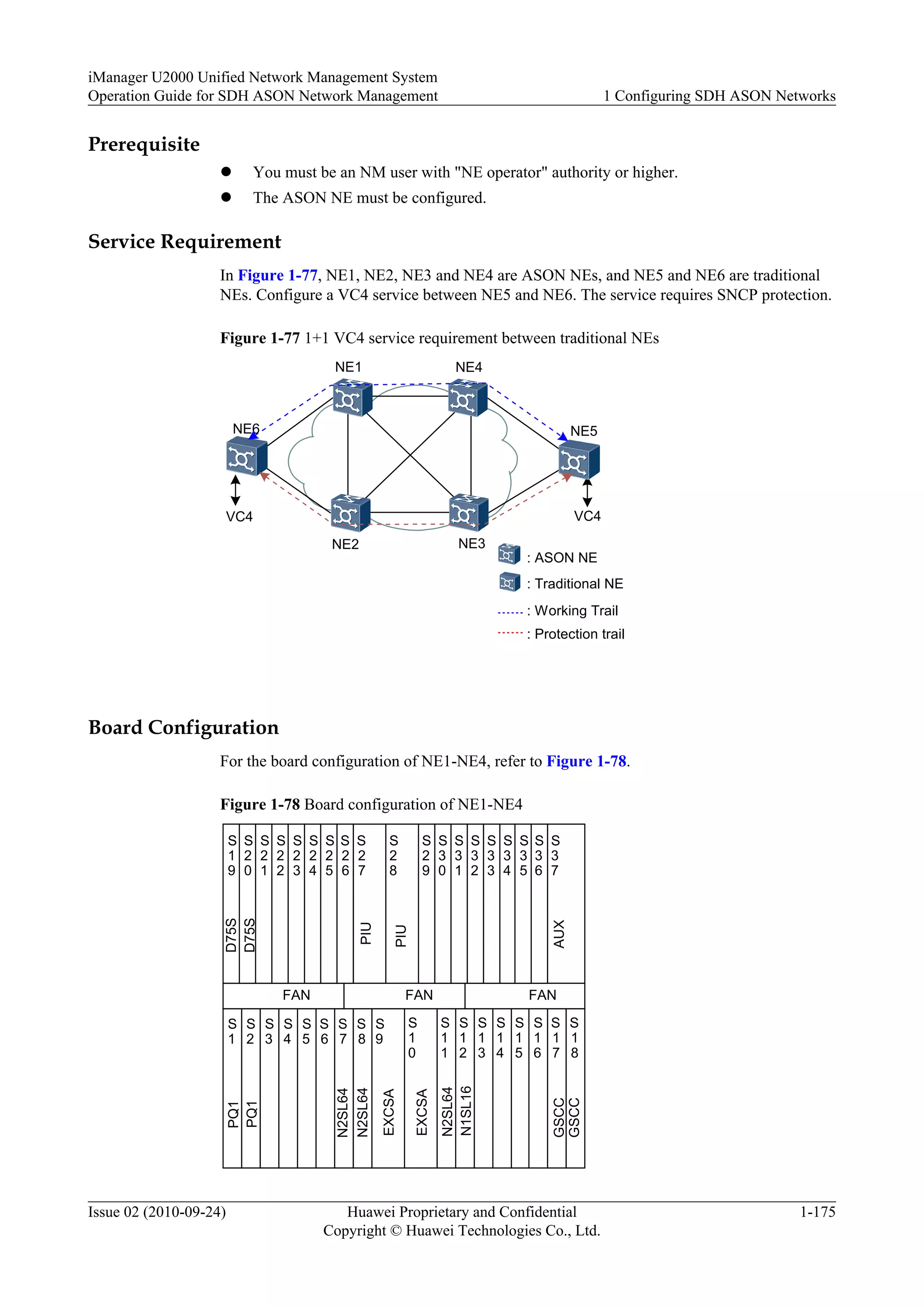 Prerequisite
l You must be an NM user with "NE operator" authority or higher.
l The ASON NE must be configured.
Service Requirement
In Figure 1-77, NE1, NE2, NE3 and NE4 are ASON NEs, and NE5 and NE6 are traditional
NEs. Configure a VC4 service between NE5 and NE6. The service requires SNCP protection.
Figure 1-77 1+1 VC4 service requirement between traditional NEs
VC4 VC4
NE1
NE2 NE3
NE4
NE6 NE5
: ASON NE
: Traditional NE
: Working Trail
: Protection trail
Board Configuration
For the board configuration of NE1-NE4, refer to Figure 1-78.
Figure 1-78 Board configuration of NE1-NE4
FAN FANFAN
S
1
S
2
S
3
S
4
S
5
S
6
S
7
S
8
S
9
S
1
0
S
1
1
S
1
2
S
1
3
S
1
4
S
1
5
S
1
6
S
1
7
S
1
8
S
2
7
S
1
9
S
2
0
S
2
1
S
2
2
S
2
3
S
2
4
S
2
5
S
2
6
S
3
7
S
2
9
S
3
0
S
3
1
S
3
2
S
3
3
S
3
4
S
3
6
S
3
5
S
2
8
PIU
PIU
AUX
D75S
D75S
PQ1
PQ1
N2SL64
GSCC
GSCC
EXCSA
EXCSA
N2SL64
N2SL64
N1SL16
iManager U2000 Unified Network Management System
Operation Guide for SDH ASON Network Management 1 Configuring SDH ASON Networks
Issue 02 (2010-09-24) Huawei Proprietary and Confidential
Copyright © Huawei Technologies Co., Ltd.
1-175
 