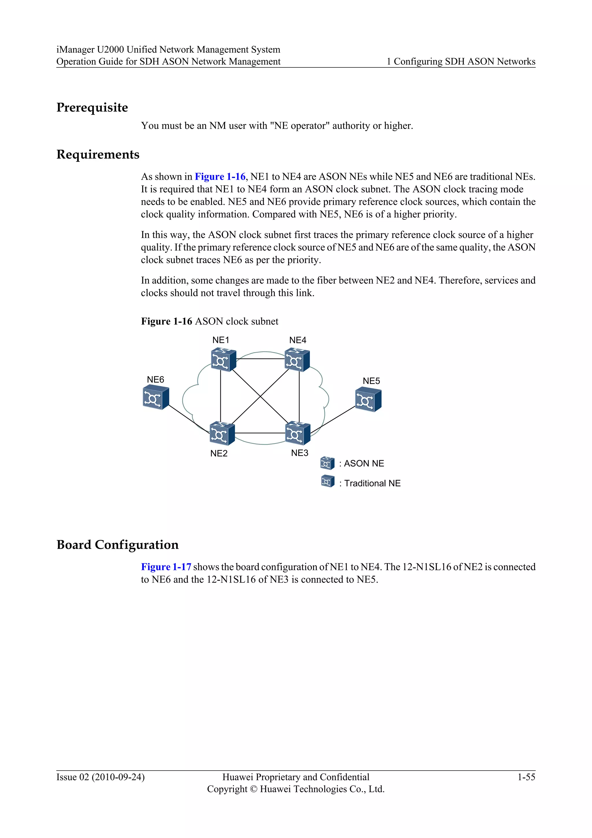 Prerequisite
You must be an NM user with "NE operator" authority or higher.
Requirements
As shown in Figure 1-16, NE1 to NE4 are ASON NEs while NE5 and NE6 are traditional NEs.
It is required that NE1 to NE4 form an ASON clock subnet. The ASON clock tracing mode
needs to be enabled. NE5 and NE6 provide primary reference clock sources, which contain the
clock quality information. Compared with NE5, NE6 is of a higher priority.
In this way, the ASON clock subnet first traces the primary reference clock source of a higher
quality. If the primary reference clock source of NE5 and NE6 are of the same quality, the ASON
clock subnet traces NE6 as per the priority.
In addition, some changes are made to the fiber between NE2 and NE4. Therefore, services and
clocks should not travel through this link.
Figure 1-16 ASON clock subnet
: ASON NE
: Traditional NE
NE1
NE2 NE3
NE4
NE6 NE5
Board Configuration
Figure 1-17 shows the board configuration of NE1 to NE4. The 12-N1SL16 of NE2 is connected
to NE6 and the 12-N1SL16 of NE3 is connected to NE5.
iManager U2000 Unified Network Management System
Operation Guide for SDH ASON Network Management 1 Configuring SDH ASON Networks
Issue 02 (2010-09-24) Huawei Proprietary and Confidential
Copyright © Huawei Technologies Co., Ltd.
1-55
 