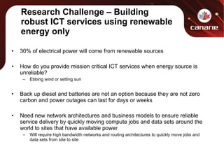 Research Challenge – Building robust ICT services using renewable energy only 30% of electrical power will come from renewable sources  How do you provide mission critical ICT services when energy source is unreliable? Ebbing wind or setting sun Back up diesel and batteries are not an option because they are not zero carbon and power outages can last for days or weeks Need new network architectures and business models to ensure reliable service delivery by quickly moving compute jobs and data sets around the world to sites that have available power Will require high bandwidth networks and routing architectures to quickly move jobs and data sets from site to site 