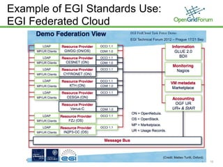 © 2013 Open Grid Forum Globus World Chicago, Illinois USA April. 17-18, 2013
Example of EGI Standards Use:
EGI Federated Cloud
16
(Credit: Matteo Turilli, Oxford)
EGI FedCloud Task Force Demo
EGI Technical Forum 2012 – Prague 17/21 Sep
 