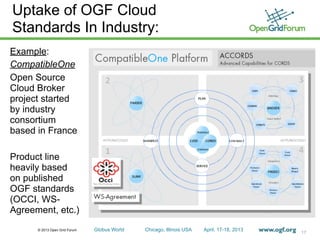 © 2013 Open Grid Forum Globus World Chicago, Illinois USA April. 17-18, 2013
Example:
CompatibleOne
Open Source
Cloud Broker
project started
by industry
consortium
based in France
Product line
heavily based
on published
OGF standards
(OCCI, WS-
Agreement, etc.)
17
Uptake of OGF Cloud
Standards In Industry:
 