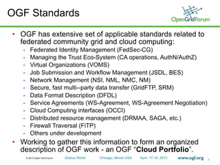 © 2013 Open Grid Forum Globus World Chicago, Illinois USA April. 17-18, 2013
OGF Standards
• OGF has extensive set of applicable standards related to
federated community grid and cloud computing:
- Federated Identity Management (FedSec-CG)
- Managing the Trust Eco-System (CA operations, AuthN/AuthZ)
- Virtual Organizations (VOMS)
- Job Submission and Workflow Management (JSDL, BES)
- Network Management (NSI, NML, NMC, NM)
- Secure, fast multi--party data transfer (GridFTP, SRM)
- Data Format Description (DFDL)
- Service Agreements (WS-Agreement, WS-Agreement Negotiation)
- Cloud Computing interfaces (OCCI)
- Distributed resource management (DRMAA, SAGA, etc.)
- Firewall Traversal (FiTP)
- Others under development
• Working to gather this information to form an organized
description of OGF work - an OGF “Cloud Portfolio”.
5
 