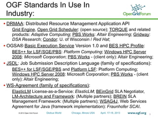 © 2013 Open Grid Forum Globus World Chicago, Illinois USA April. 17-18, 2013
• DRMAA: Distributed Resource Management Application API
Grid Engine, Open Grid Scheduler: (open source); TORQUE and related
products: Adaptive Computing; PBS Works: Altair Engineering; Gridway:
DSA Research; Condor: U. of Wisconsin / Red Hat;
• OGSA® Basic Execution Service Version 1.0 and BES HPC Profile:
BES++ for LSF/SGE/PBS: Platform Computing; Windows HPC Server
2008: Microsoft Corporation; PBS Works - (client only): Altair Engineering;
• JSDL: Job Submission Description Language (family of specifications):
BES++ for LSF/SGE/PBS and Platform LSF: Platform Computing;
Windows HPC Server 2008: Microsoft Corporation; PBS Works - (client
only): Altair Engineering;
• WS-Agreement (family of specifications):
ElasticLM License-as-a-Service: ElasticLM; BEinGrid SLA Negotiator,
LM-Architecture and Framework: (Multiple partners); BREIN SLA
Management Framework: (Multiple partners); WSAG4J, Web Services
Agreement for Java (framework implementation): Fraunhofer SCAI.
9
OGF Standards In Use In
Industry:
 