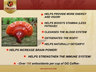 HELPS PROVIDE MORE ENERGY
                       AND VIGOR!

                       HELPS BOOSTS STAMINA (LESS
                       FATIGUE)!

                       CLEANSES THE BLOOD SYSTEM

                       OXYGENATES THE BODY!

                       HELPS NATURALLY DETOXIFY!

HELPS INCREASE BRAIN POWER!

           HELPS STRENGTHEN THE IMMUNE SYSTEM!

    ~Over 150 antioxidants per cup of OG Coffee~
 