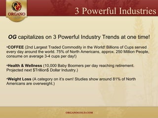 OG  capitalizes on 3 Powerful Industry Trends at one time! COFFEE  (2nd Largest Traded Commodity in the World! Billions of Cups served every day around the world. 75% of North Americans, approx. 250 Million People, consume on average 3-4 cups per day!) Health & Wellness  (10,000 Baby Boomers per day reaching retirement. Projected next $Trillion$ Dollar Industry.) Weight Loss  (A category on it’s own! Studies show around 81% of North Americans are overweight.)  3 Powerful Industries 