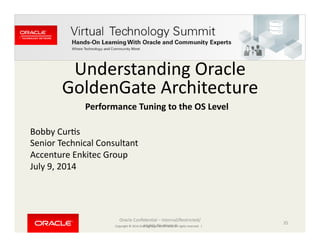 Copyright	
  ©	
  2014	
  Oracle	
  and/or	
  its	
  aﬃliates.	
  All	
  rights	
  reserved.	
  	
  |	
  
Understanding	
  Oracle	
  
GoldenGate	
  Architecture	
  
Bobby	
  CurCs	
  
Senior	
  Technical	
  Consultant	
  
Accenture	
  Enkitec	
  Group	
  
July	
  9,	
  2014	
  
Oracle	
  ConﬁdenCal	
  –	
  Internal/Restricted/
Highly	
  Restricted	
  
35	
  
Performance	
  Tuning	
  to	
  the	
  OS	
  Level	
  
 