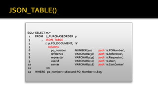 SQL> SELECT m.*
2 FROM J_PURCHASEORDER p
3 , JSON_TABLE
4 ( p.PO_DOCUMENT, '$'
5 columns
6 po_number NUMBER(10) path '$.PONumber',
7 reference VARCHAR2(30) path '$.Reference',
8 requestor VARCHAR2(32) path '$.Requestor',
9 userid VARCHAR2(10) path '$.User',
10 center VARCHAR2(16) path '$.CostCenter'
11 ) m
12 WHERE po_number > 1600 and PO_Number < 1605;
 