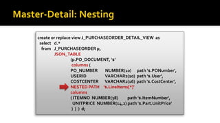 create or replace view J_PURCHASEORDER_DETAIL_VIEW as
select d.*
from J_PURCHASEORDER p,
JSON_TABLE
(p.PO_DOCUMENT, '$'
columns (
PO_NUMBER NUMBER(10) path '$.PONumber',
USERID VARCHAR2(10) path '$.User',
COSTCENTER VARCHAR2(16) path '$.CostCenter',
NESTED PATH '$.LineItems[*]'
columns
( ITEMNO NUMBER(38) path '$.ItemNumber',
UNITPRICE NUMBER(14,2) path '$.Part.UnitPrice'
) ) ) d;
 