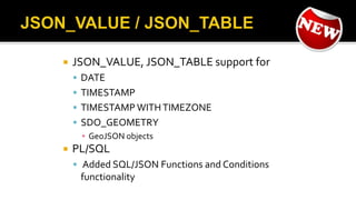  JSON_VALUE, JSON_TABLE support for
 DATE
 TIMESTAMP
 TIMESTAMP WITHTIMEZONE
 SDO_GEOMETRY
▪ GeoJSON objects
 PL/SQL
 Added SQL/JSON Functions and Conditions
functionality
 