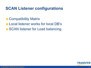 SCAN Listener configurations

           Compatibility Matrix
           Local listener works for local DB‟s
           SCAN listener for Load balancing




© COPYRIGHT TRANSFER SOLUTIONS B.V.              53
 