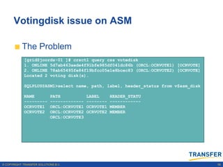 Votingdisk issue on ASM

           The Problem
             [grid@joords-01 ]# crsctl query css votedisk
             1. ONLINE 5d7ab463aede4f91bfe985df041dc86b (ORCL:OCRVOTE1) [OCRVOTE]
             2. ONLINE 78ab65495fe84f19bfcc05e1e8bcec83 (ORCL:OCRVOTE2) [OCRVOTE]
             Located 2 voting disk(s).

             SQLPLUS@ASM1>select name, path, label, header_status from v$asm_disk

             NAME           PATH            LABEL      HEADER_STATU
             ---------      -------------   --------   ------------
             OCRVOTE1       ORCL:OCRVOTE1   OCRVOTE1   MEMBER
             OCRVOTE2       ORCL:OCRVOTE2   OCRVOTE2   MEMBER
                            ORCL:OCRVOTE3




© COPYRIGHT TRANSFER SOLUTIONS B.V.                                                 56
 
