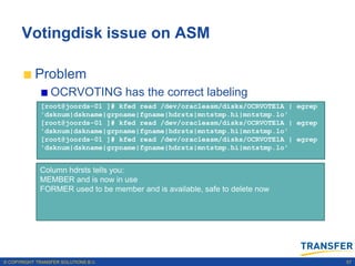 Votingdisk issue on ASM

           Problem
                 OCRVOTING has the correct labeling
              [root@joords-01 ]# kfed read /dev/oracleasm/disks/OCRVOTE1A | egrep
              'dsknum|dskname|grpname|fgname|hdrsts|mntstmp.hi|mntstmp.lo'
              [root@joords-01 ]# kfed read /dev/oracleasm/disks/OCRVOTE1A | egrep
              'dsknum|dskname|grpname|fgname|hdrsts|mntstmp.hi|mntstmp.lo'
              [root@joords-01 ]# kfed read /dev/oracleasm/disks/OCRVOTE1A | egrep
              'dsknum|dskname|grpname|fgname|hdrsts|mntstmp.hi|mntstmp.lo'


             Column hdrsts tells you:
             MEMBER and is now in use
             FORMER used to be member and is available, safe to delete now




© COPYRIGHT TRANSFER SOLUTIONS B.V.                                                 57
 