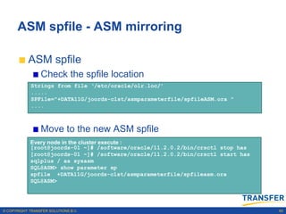 ASM spfile - ASM mirroring

           ASM spfile
                 Check the spfile location
             Strings from file ‘/etc/oracle/olr.loc/’
             .....
             SPFile="+DATA11G/joords-clst/asmparameterfile/spfileASM.ora "
             ....



                 Move to the new ASM spfile
            Every node in the cluster execute :
            [root@joords-01 ~]# /software/oracle/11.2.0.2/bin/crsctl stop has
            [root@joords-01 ~]# /software/oracle/11.2.0.2/bin/crsctl start has
            sqlplus / as sysasm
            SQL@ASM> show parameter sp
            spfile +DATA11G/joords-clst/asmparameterfile/spfileasm.ora
            SQL@ASM>




© COPYRIGHT TRANSFER SOLUTIONS B.V.                                              60
 