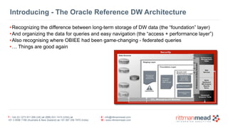 T : +44 (0) 1273 911 268 (UK) or (888) 631-1410 (USA) or  
+61 3 9596 7186 (Australia & New Zealand) or +91 997 256 7970 (India)
E : info@rittmanmead.com
W : www.rittmanmead.com
Introducing - The Oracle Reference DW Architecture
•Recognizing the difference between long-term storage of DW data (the “foundation” layer)
•And organizing the data for queries and easy navigation (the “access + performance layer”)
•Also recognising where OBIEE had been game-changing - federated queries
•… Things are good again
 
