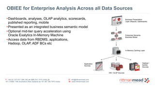 T : +44 (0) 1273 911 268 (UK) or (888) 631-1410 (USA) or  
+61 3 9596 7186 (Australia & New Zealand) or +91 997 256 7970 (India)
E : info@rittmanmead.com
W : www.rittmanmead.com
OBIEE for Enterprise Analysis Across all Data Sources
•Dashboards, analyses, OLAP analytics, scorecards,  
published reporting, mobile
•Presented as an integrated business semantic model
•Optional mid-tier query acceleration using  
Oracle Exalytics In-Memory Machine
•Access data from RBDMS, applications,  
Hadoop, OLAP, ADF BCs etc
Enterprise Semantic 
Business Model
Business Presentation 
Layer (Reports, Dashboards)
In-Memory Caching Layer
Application 
Sources
Hadoop / 
NoSQL 
Sources
DW / OLAP Sources
 