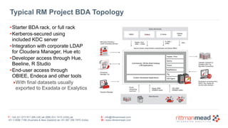 T : +44 (0) 1273 911 268 (UK) or (888) 631-1410 (USA) or  
+61 3 9596 7186 (Australia & New Zealand) or +91 997 256 7970 (India)
E : info@rittmanmead.com
W : www.rittmanmead.com
Typical RM Project BDA Topology
•Starter BDA rack, or full rack
•Kerberos-secured using 
included KDC server
•Integration with corporate LDAP 
for Cloudera Manager, Hue etc
•Developer access through Hue, 
Beeline, R Studio
•End-user access through 
OBIEE, Endeca and other tools
‣With final datasets usually 
exported to Exadata or Exalytics
 