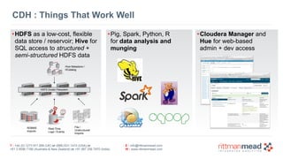 T : +44 (0) 1273 911 268 (UK) or (888) 631-1410 (USA) or  
+61 3 9596 7186 (Australia & New Zealand) or +91 997 256 7970 (India)
E : info@rittmanmead.com
W : www.rittmanmead.com
CDH : Things That Work Well
•HDFS as a low-cost, flexible 
data store / reservoir; Hive for 
SQL access to structured + 
semi-structured HDFS data
•Pig, Spark, Python, R 
for data analysis and
munging
•Cloudera Manager and 
Hue for web-based 
admin + dev access
Real-Time  
Logs / Events
RDBMS 
Imports
File /  
Unstructured 
Imports
Hive Metastore / 
HCatalog
HDFS Cluster Filesystem
 