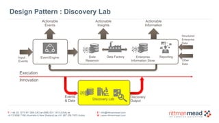T : +44 (0) 1273 911 268 (UK) or (888) 631-1410 (USA) or  
+61 3 9596 7186 (Australia & New Zealand) or +91 997 256 7970 (India)
E : info@rittmanmead.com
W : www.rittmanmead.com
Design Pattern : Discovery Lab
Actionable 
Events
Event Engine Data  
Reservoir
Data Factory Enterprise
Information Store
Reporting
Discovery Lab
Actionable
Information
Actionable 
Insights
Input
Events
Execution
Innovation
Discovery
Output
Events  
& Data
Structured 
Enterprise
Data
Other
Data
 