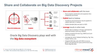 T : +44 (0) 1273 911 268 (UK) or (888) 631-1410 (USA) or  
+61 3 9596 7186 (Australia & New Zealand) or +91 997 256 7970 (India)
E : info@rittmanmead.com
W : www.rittmanmead.com
Share and Collaborate on Big Data Discovery Projects
 