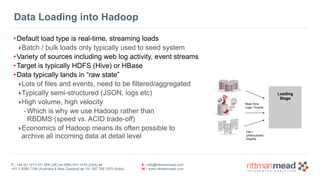 T : +44 (0) 1273 911 268 (UK) or (888) 631-1410 (USA) or  
+61 3 9596 7186 (Australia & New Zealand) or +91 997 256 7970 (India)
E : info@rittmanmead.com
W : www.rittmanmead.com
Data Loading into Hadoop
•Default load type is real-time, streaming loads
‣Batch / bulk loads only typically used to seed system
•Variety of sources including web log activity, event streams
•Target is typically HDFS (Hive) or HBase
•Data typically lands in “raw state”
‣Lots of files and events, need to be filtered/aggregated
‣Typically semi-structured (JSON, logs etc)
‣High volume, high velocity
-Which is why we use Hadoop rather than 
RBDMS (speed vs. ACID trade-off)
‣Economics of Hadoop means its often possible to 
archive all incoming data at detail level
Loading 
Stage
Real-Time  
Logs / Events
File /  
Unstructured 
Imports
 