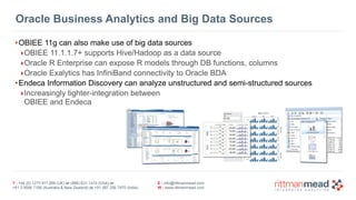 T : +44 (0) 1273 911 268 (UK) or (888) 631-1410 (USA) or  
+61 3 9596 7186 (Australia & New Zealand) or +91 997 256 7970 (India)
E : info@rittmanmead.com
W : www.rittmanmead.com
Oracle Business Analytics and Big Data Sources
•OBIEE 11g can also make use of big data sources
‣OBIEE 11.1.1.7+ supports Hive/Hadoop as a data source
‣Oracle R Enterprise can expose R models through DB functions, columns
‣Oracle Exalytics has InfiniBand connectivity to Oracle BDA
•Endeca Information Discovery can analyze unstructured and semi-structured sources
‣Increasingly tighter-integration between 
OBIEE and Endeca
 