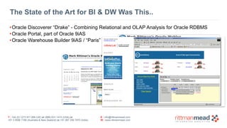 T : +44 (0) 1273 911 268 (UK) or (888) 631-1410 (USA) or  
+61 3 9596 7186 (Australia & New Zealand) or +91 997 256 7970 (India)
E : info@rittmanmead.com
W : www.rittmanmead.com
The State of the Art for BI & DW Was This..
•Oracle Discoverer “Drake” - Combining Relational and OLAP Analysis for Oracle RDBMS
•Oracle Portal, part of Oracle 9iAS
•Oracle Warehouse Builder 9iAS / “Paris”
 