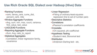 T : +44 (0) 1273 911 268 (UK) or (888) 631-1410 (USA) or  
+61 3 9596 7186 (Australia & New Zealand) or +91 997 256 7970 (India)
E : info@rittmanmead.com
W : www.rittmanmead.com
Use Rich Oracle SQL Dialect over Hadoop (Hive) Data
•Ranking Functions
‣rank, dense_rank, cume_dist,
percent_rank, ntile
•Window Aggregate Functions
‣Avg, sum, min, max, count, variance,
first_value, last_value
•LAG/LEAD Functions
•Reporting Aggregate Functions
‣Sum, Avg, ratio_to_report
•Statistical Aggregates
‣Correlation, linear regression family,
covariance
•Linear Regression
‣Fitting of ordinary-least-squares
regression line to set of number pairs
•Descriptive Statistics
•Correlations
‣Pearson’s correlation coefficients
•Crosstabs
‣Chi squared, phi coefficinet
•Hypothesis Testing
‣Student t-test, Bionomal test
•Distribution
‣Anderson-Darling test - etc.
 