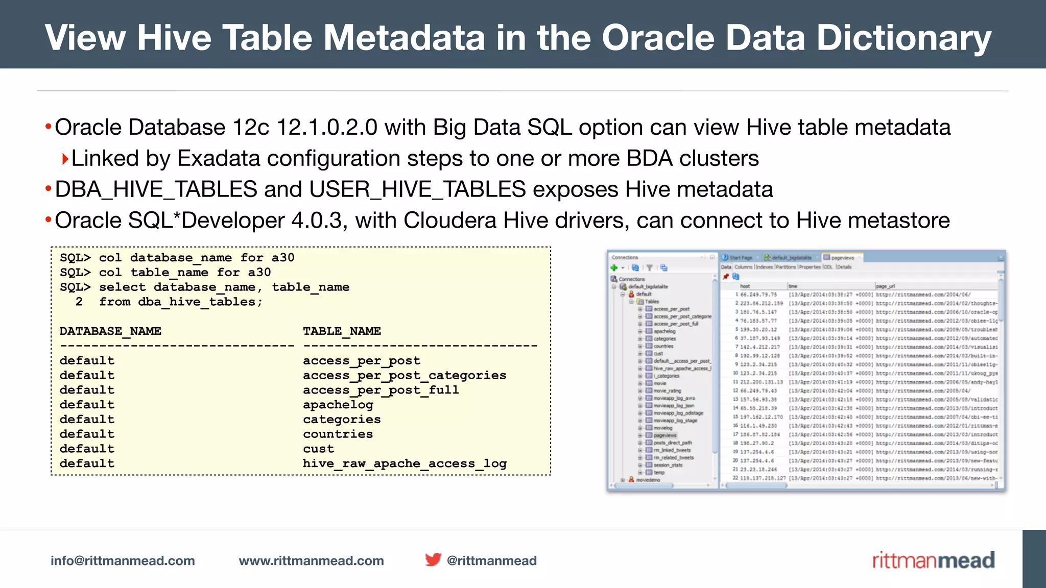 info@rittmanmead.com www.rittmanmead.com @rittmanmead •Oracle Database 12c 12.1.0.2.0 with Big Data SQL option can view Hive table metadata ‣Linked by Exadata configuration steps to one or more BDA clusters •DBA_HIVE_TABLES and USER_HIVE_TABLES exposes Hive metadata •Oracle SQL*Developer 4.0.3, with Cloudera Hive drivers, can connect to Hive metastore View Hive Table Metadata in the Oracle Data Dictionary SQL> col database_name for a30 SQL> col table_name for a30 SQL> select database_name, table_name 2 from dba_hive_tables; DATABASE_NAME TABLE_NAME ------------------------------ ------------------------------ default access_per_post default access_per_post_categories default access_per_post_full default apachelog default categories default countries default cust default hive_raw_apache_access_log 