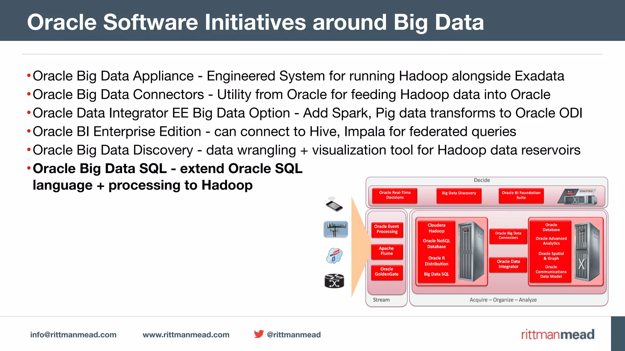 info@rittmanmead.com www.rittmanmead.com @rittmanmead •Oracle Big Data Appliance - Engineered System for running Hadoop alongside Exadata •Oracle Big Data Connectors - Utility from Oracle for feeding Hadoop data into Oracle •Oracle Data Integrator EE Big Data Option - Add Spark, Pig data transforms to Oracle ODI •Oracle BI Enterprise Edition - can connect to Hive, Impala for federated queries •Oracle Big Data Discovery - data wrangling + visualization tool for Hadoop data reservoirs •Oracle Big Data SQL - extend Oracle SQL   language + processing to Hadoop Oracle Software Initiatives around Big Data 