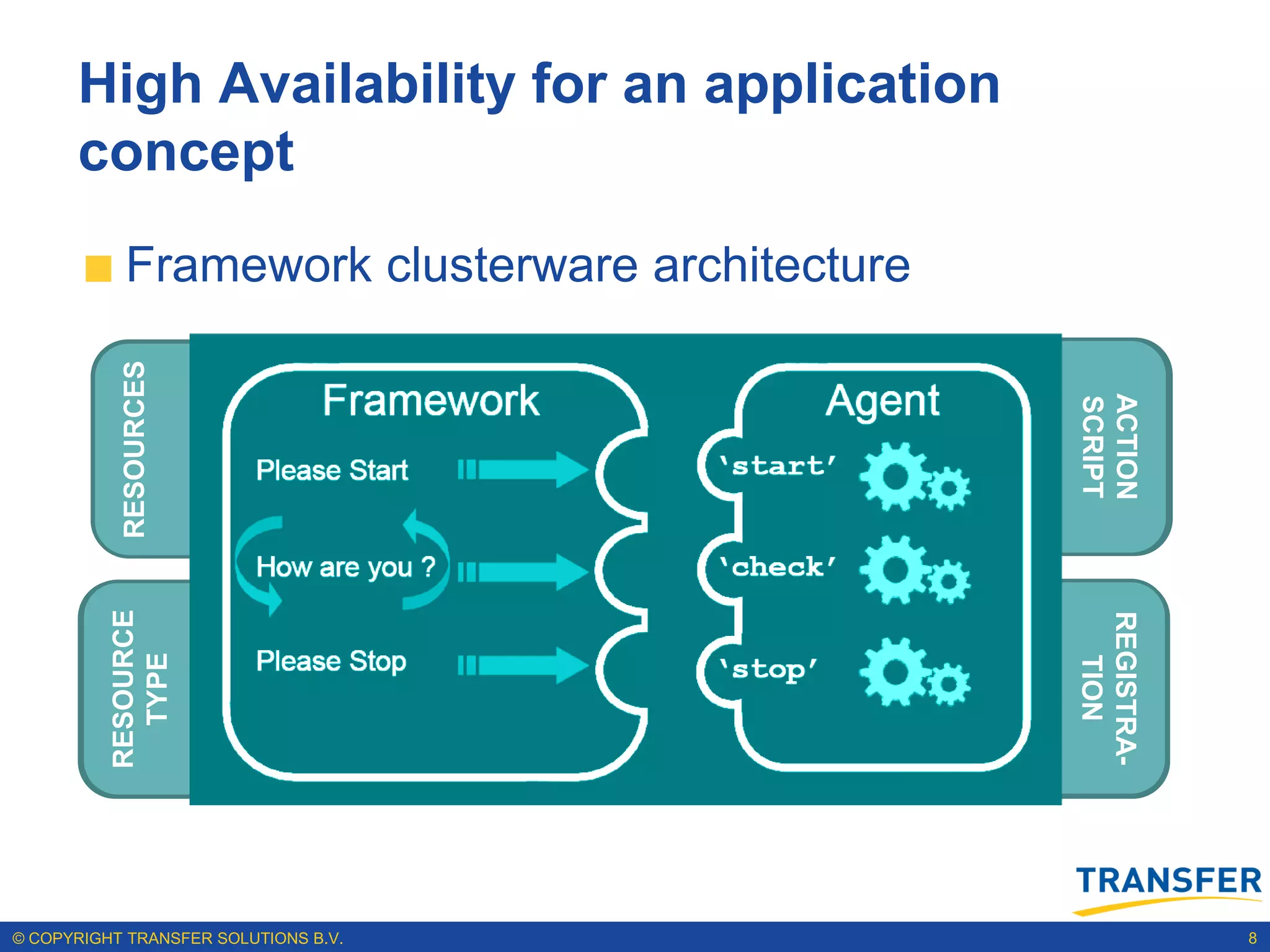 High Availability for an application
      concept
           Framework clusterware architecture
           RESOURCES




                                                              ACTION
                                                              SCRIPT
                       RESOURCES              ACTION SCRIPT


                                      AGENT
          RESOURCE




                                                              REGISTRA-
                       RESOURCE
            TYPE




                                                                TION
                                              REGISTRATION
                         TYPE




© COPYRIGHT TRANSFER SOLUTIONS B.V.                                       8
 