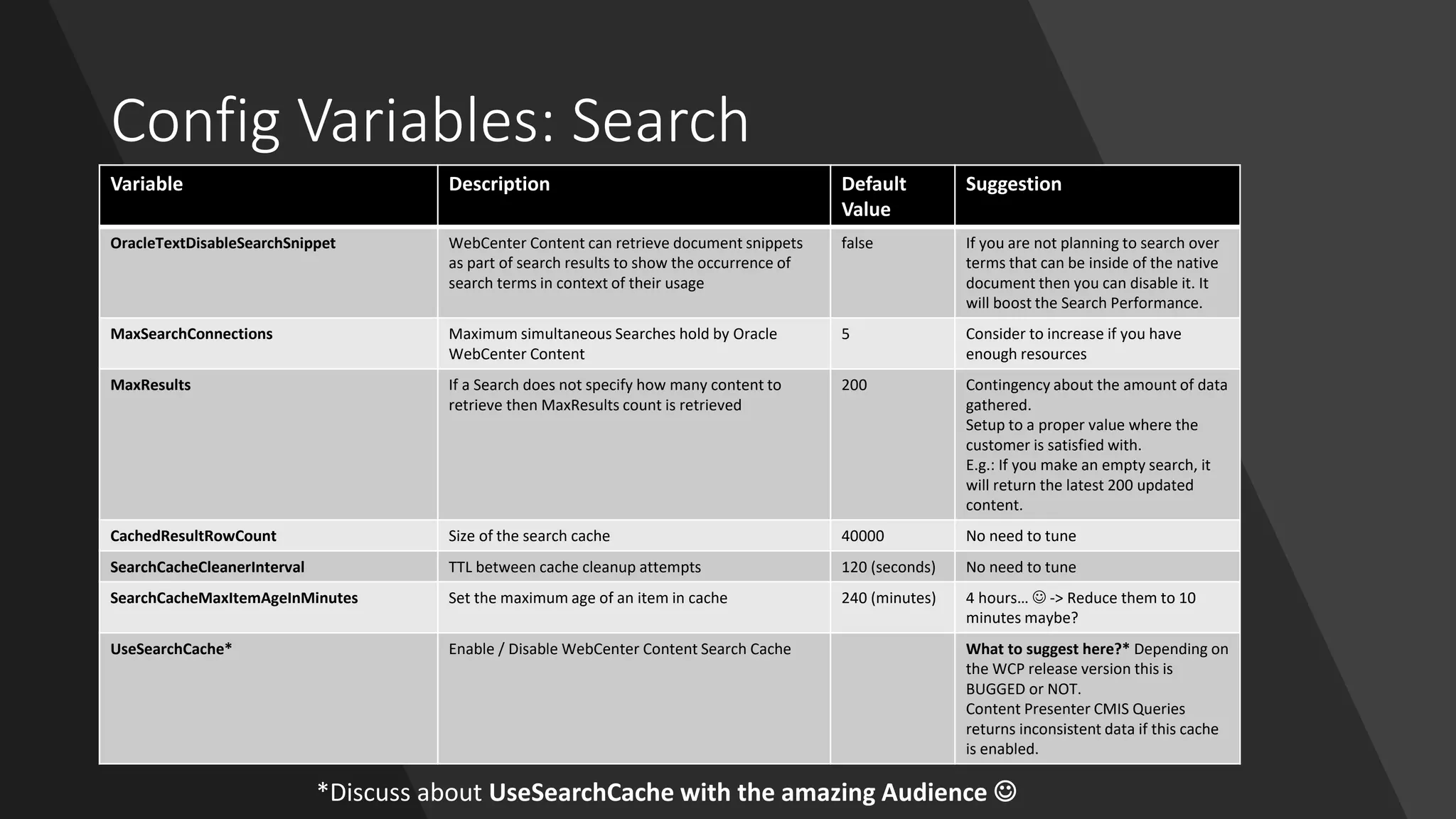 Config Variables: Search
Variable Description Default
Value
Suggestion
OracleTextDisableSearchSnippet WebCenter Content can retrieve document snippets
as part of search results to show the occurrence of
search terms in context of their usage
false If you are not planning to search over
terms that can be inside of the native
document then you can disable it. It
will boost the Search Performance.
MaxSearchConnections Maximum simultaneous Searches hold by Oracle
WebCenter Content
5 Consider to increase if you have
enough resources
MaxResults If a Search does not specify how many content to
retrieve then MaxResults count is retrieved
200 Contingency about the amount of data
gathered.
Setup to a proper value where the
customer is satisfied with.
E.g.: If you make an empty search, it
will return the latest 200 updated
content.
CachedResultRowCount Size of the search cache 40000 No need to tune
SearchCacheCleanerInterval TTL between cache cleanup attempts 120 (seconds) No need to tune
SearchCacheMaxItemAgeInMinutes Set the maximum age of an item in cache 240 (minutes) 4 hours… ☺ -> Reduce them to 10
minutes maybe?
UseSearchCache* Enable / Disable WebCenter Content Search Cache What to suggest here?* Depending on
the WCP release version this is
BUGGED or NOT.
Content Presenter CMIS Queries
returns inconsistent data if this cache
is enabled.
*Discuss about UseSearchCache with the amazing Audience ☺
 
