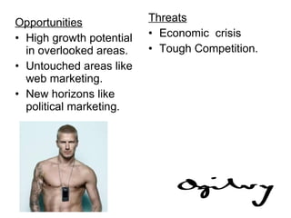 Opportunities High growth potential in overlooked areas. Untouched areas like web marketing. New horizons like political marketing. Threats Economic  crisis Tough Competition. 